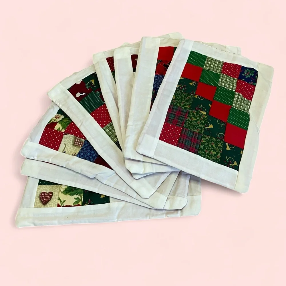 Vintage handmade holiday quilted square pattern placemats set of 8 13.5” x 10”